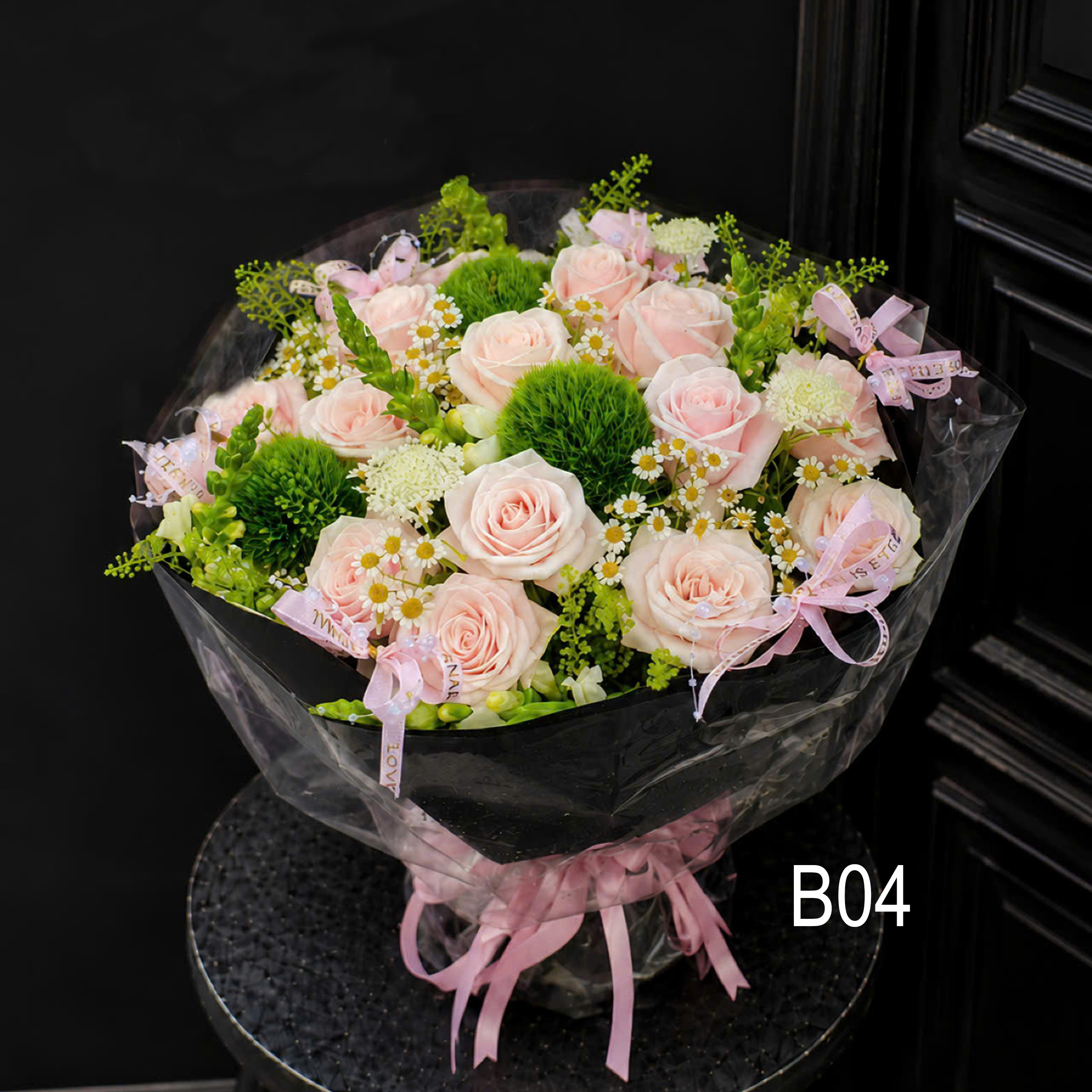 Bó hoa hồng phấn mix xanh thanh nhã