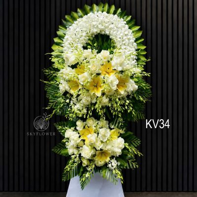 Kệ hoa viếng lan trắng KV34 phối ly vàng