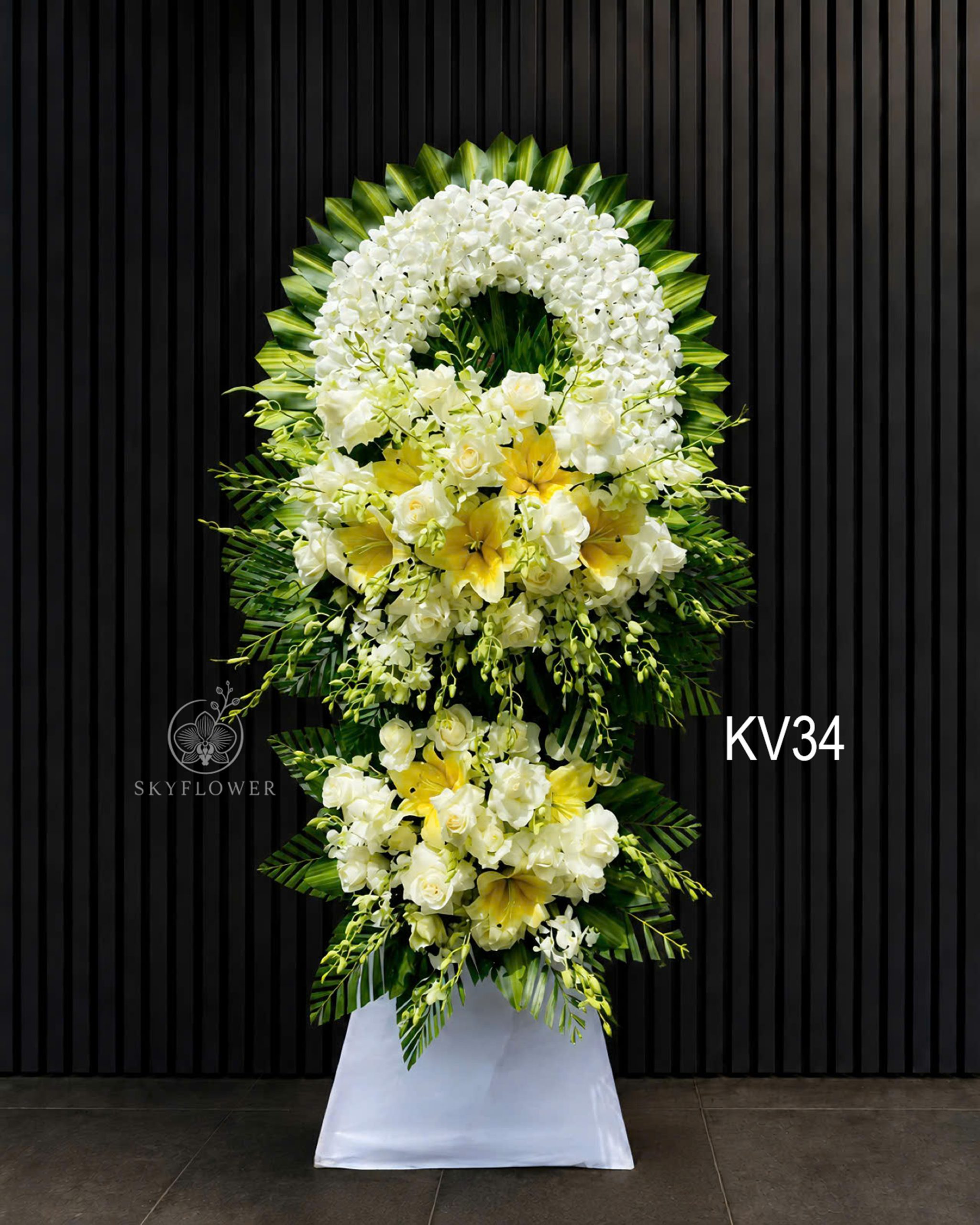 KV34 Kệ hoa viếng lan trắng KV34 phối ly vàng